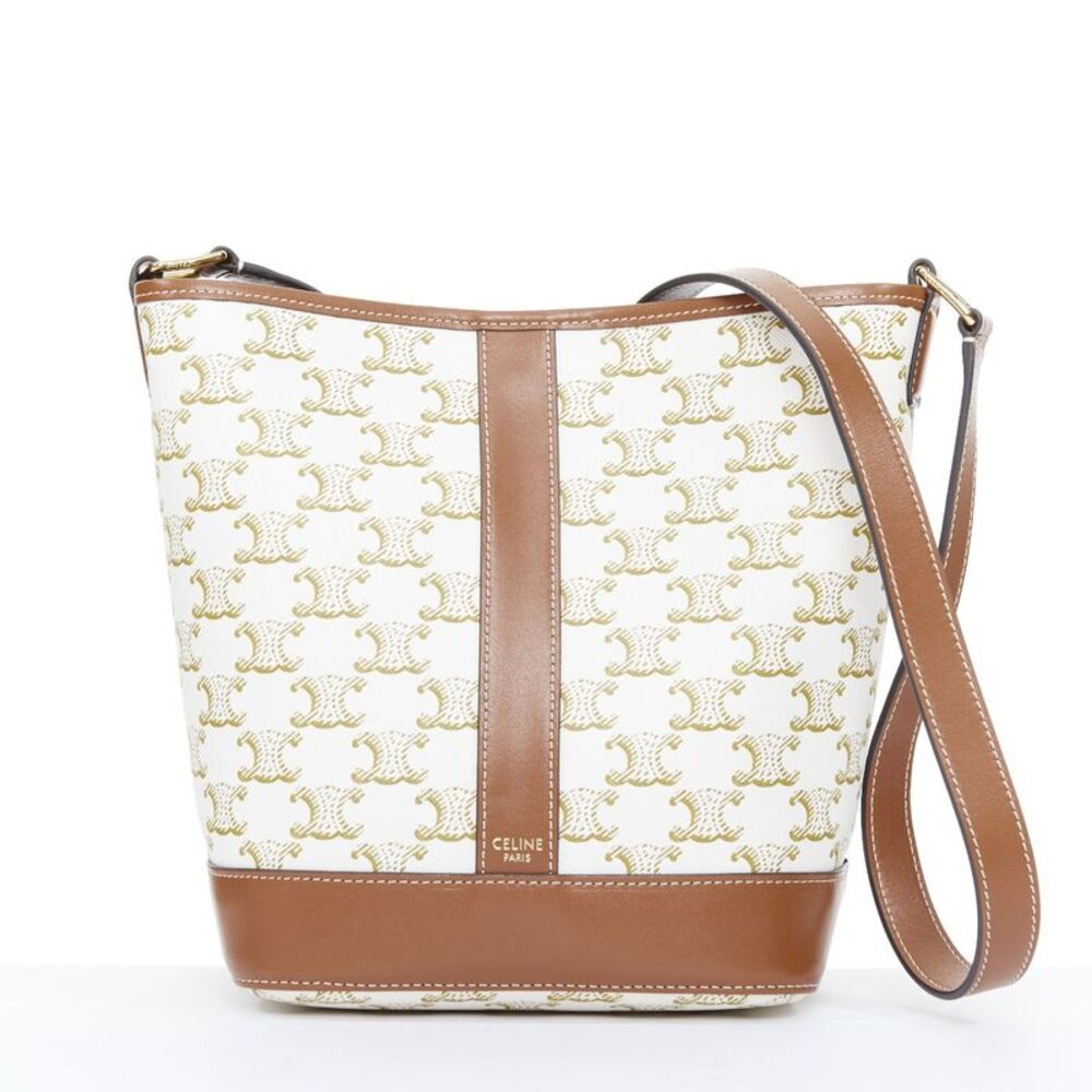 CELINE 2021 Small Bucket Bag Triomphe Canvas white calfskin leather bag